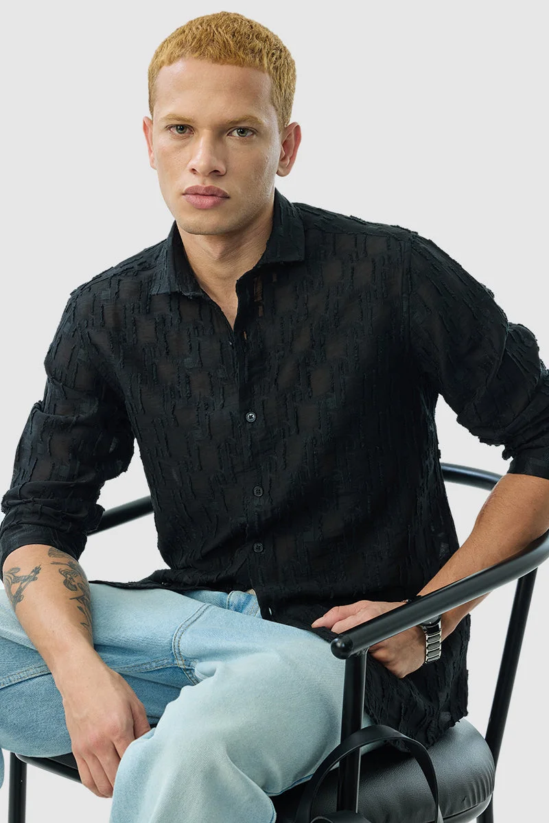 SNITCH Black Textured Slim Fit Luxe Shirt